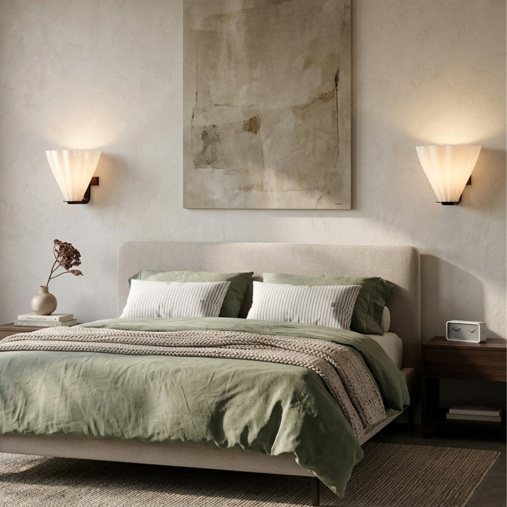 Art Deco Wall Light Frosted Glass Fan Shade Bronze Finish E27 Bedroom and Living Room Sconce 27cm 3