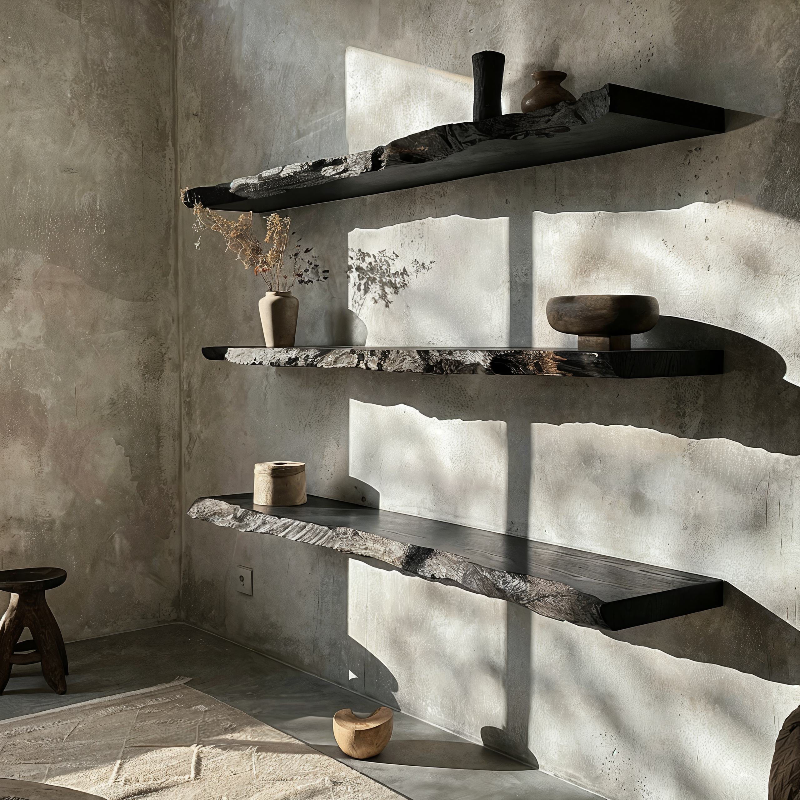 Aldersteel Sculptural Ebony Live Edge Shelf – Carbon Black Natural Edge Floating Shelf