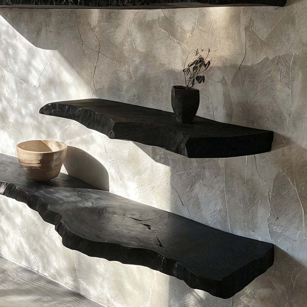 Aldersteel Sculptural Ebony Live Edge Shelf – Carbon Black Natural Edge Floating Shelf