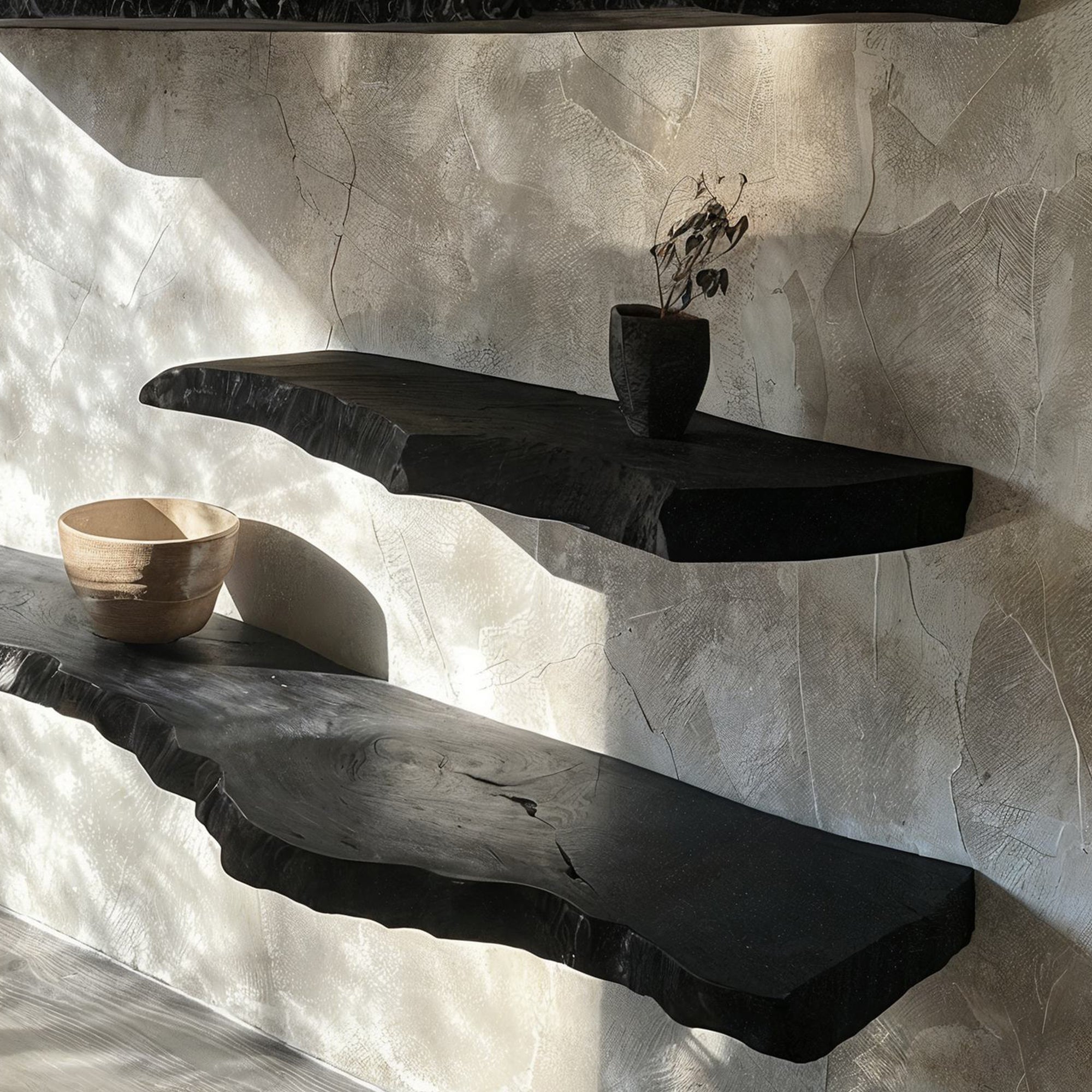 Aldersteel Sculptural Ebony Live Edge Shelf – Carbon Black Natural Edge Floating Shelf
