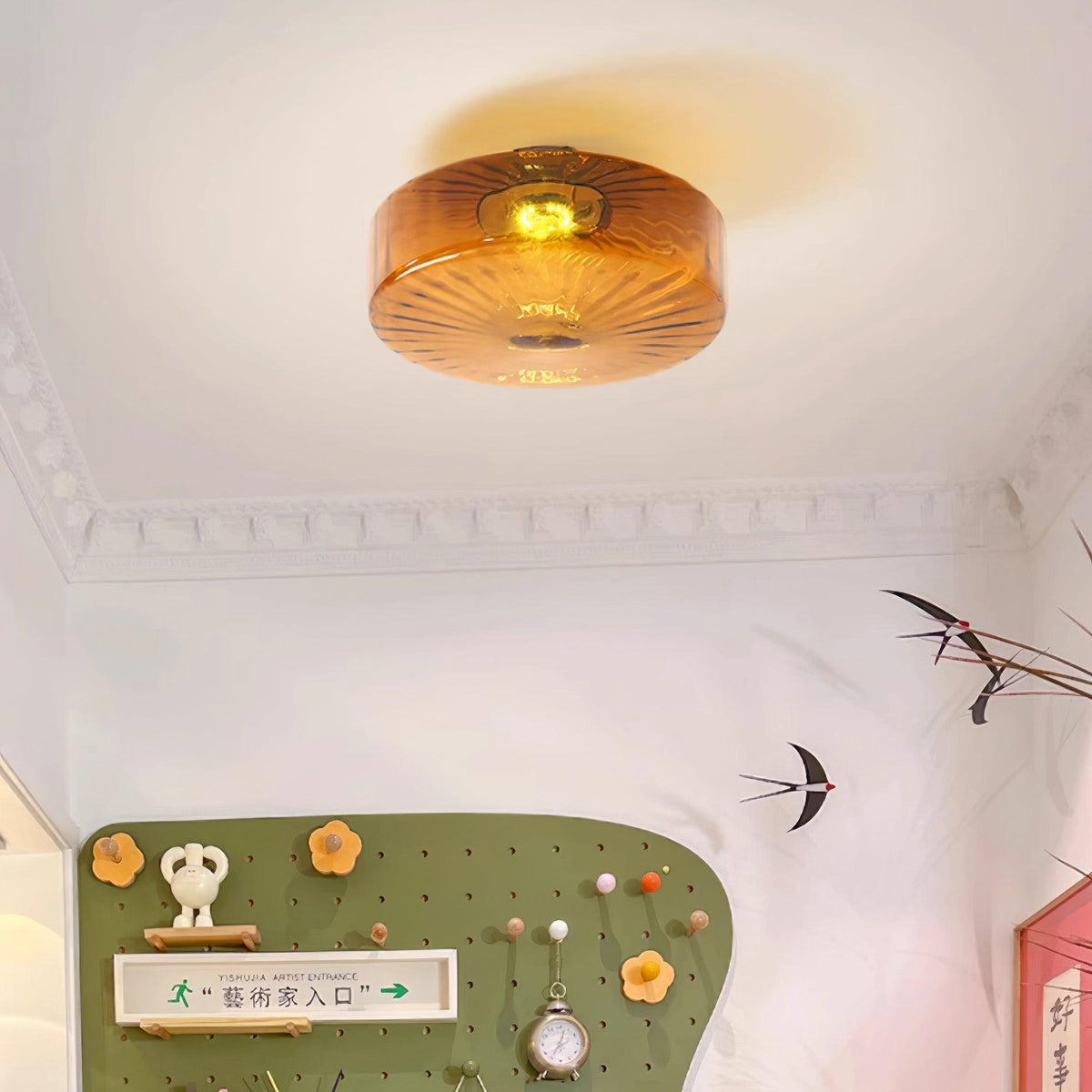 Ceiling Light Amber Glass Sunburst Pattern Retro Integrated LED Bedroom Hallway Living Room Indoor 5