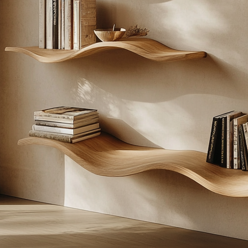 Aldersteel Wave Shaped Wood Wall Shelf – Undulating Timber Floating Shelf