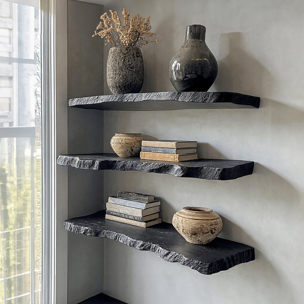 Aldersteel Ebony Live Edge Floating Shelf – Natural Edge Matte Black Wall Shelf