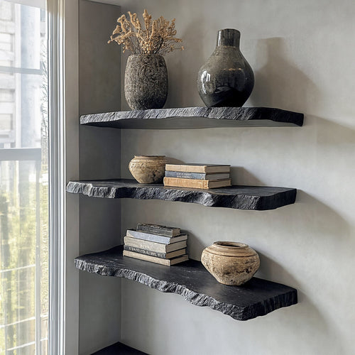 Aldersteel Ebony Live Edge Floating Shelf – Natural Edge Matte Black Wall Shelf