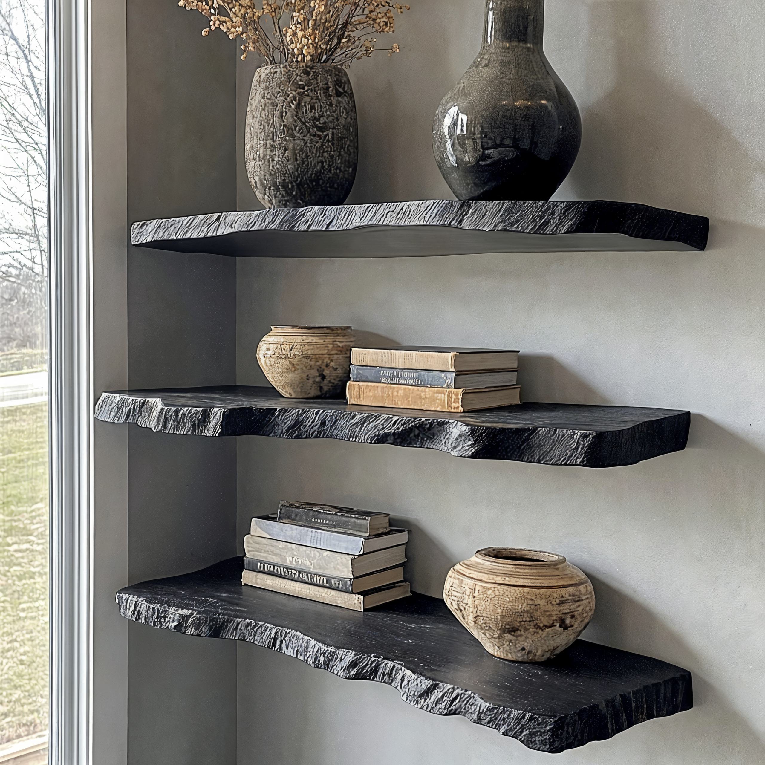 Aldersteel Ebony Live Edge Floating Shelf – Natural Edge Matte Black Wall Shelf