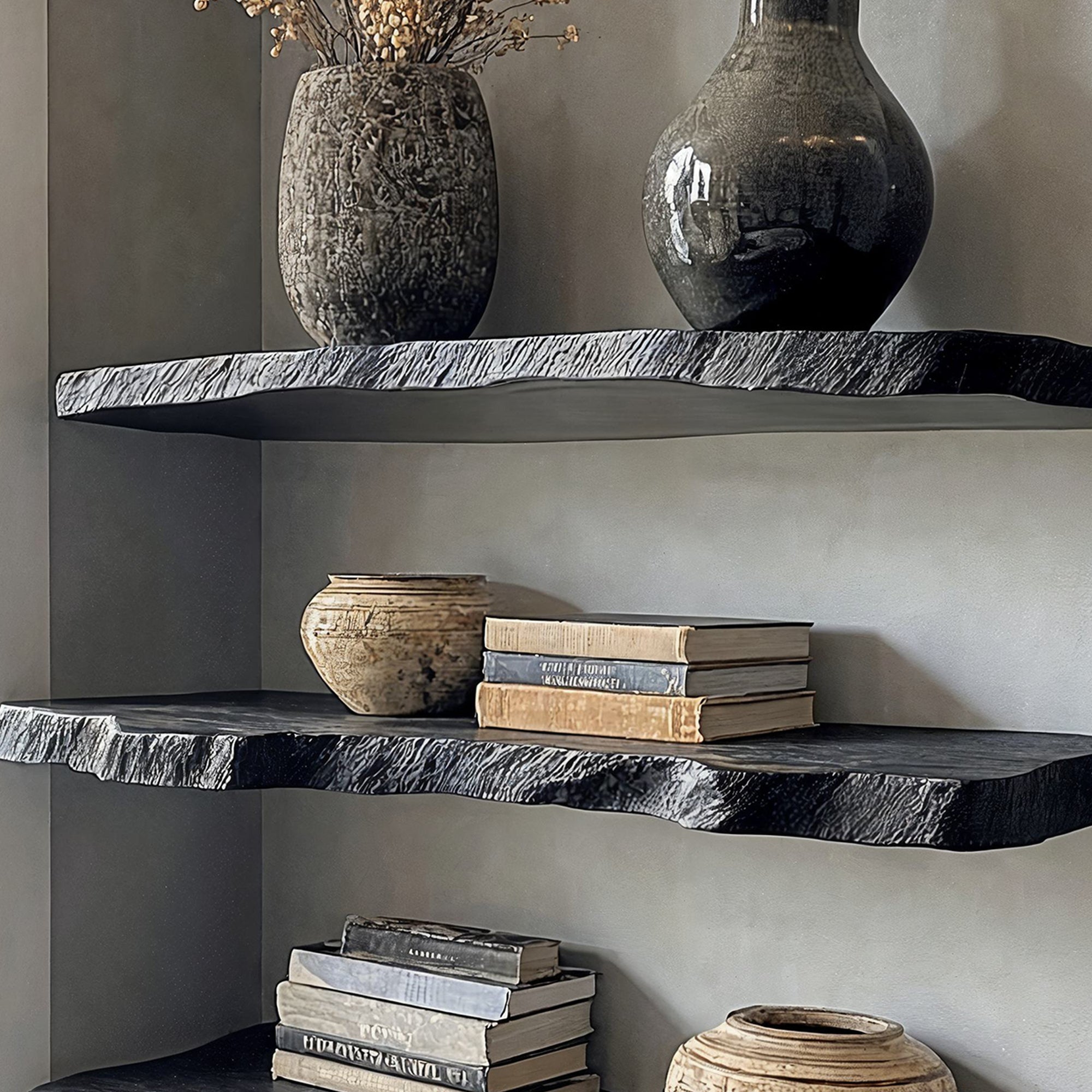 Aldersteel Ebony Live Edge Floating Shelf – Natural Edge Matte Black Wall Shelf