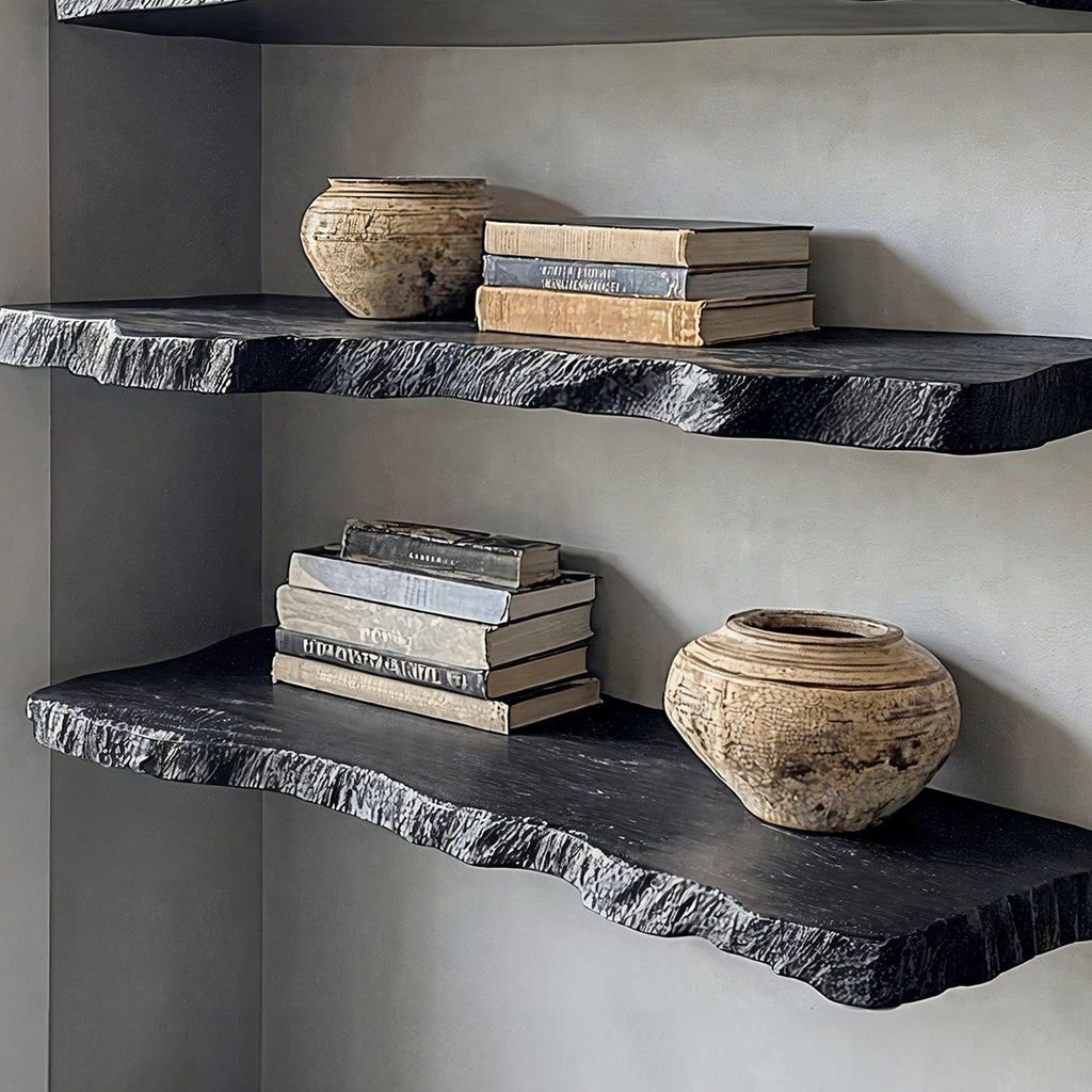 Aldersteel Ebony Live Edge Floating Shelf – Natural Edge Matte Black Wall Shelf