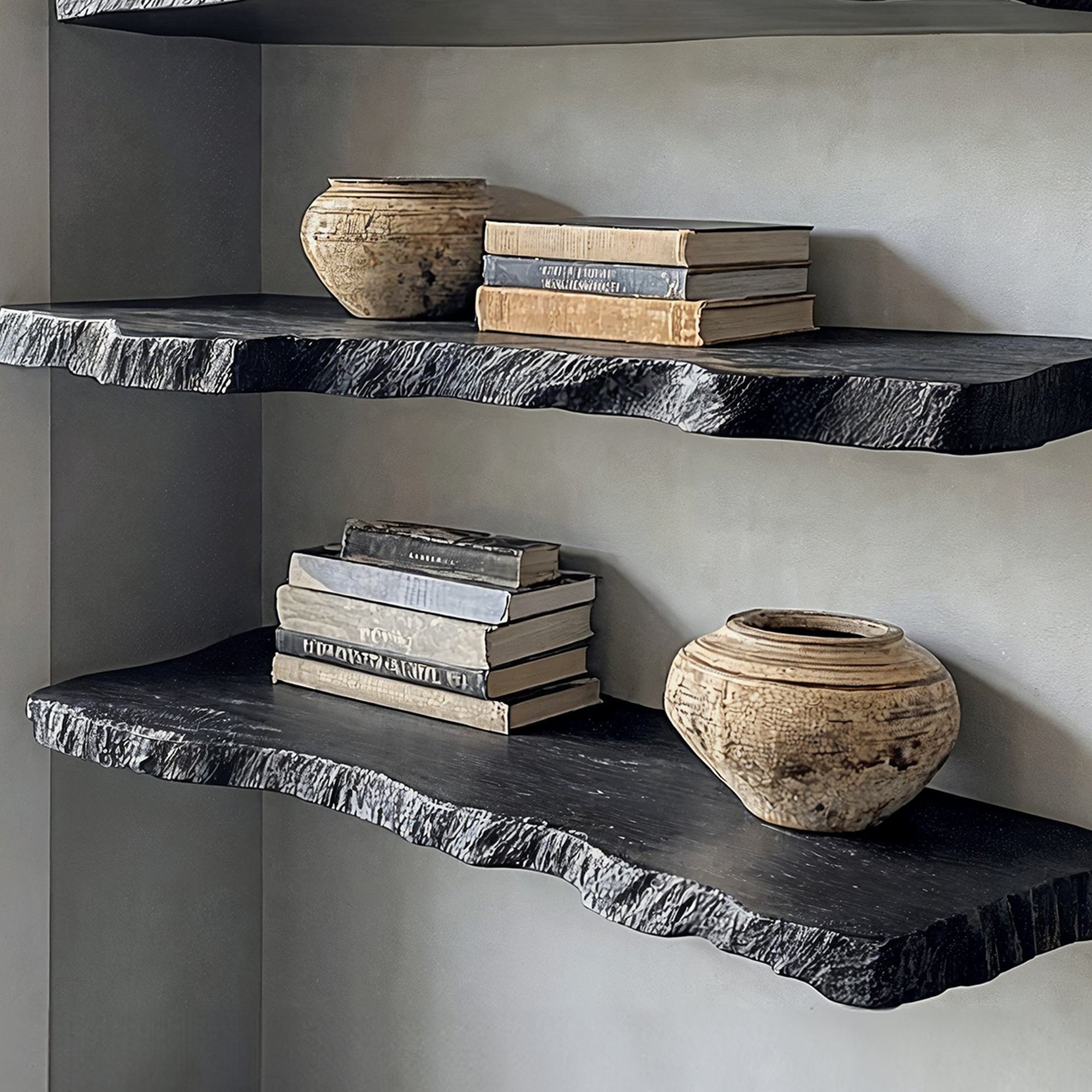 Aldersteel Ebony Live Edge Floating Shelf – Natural Edge Matte Black Wall Shelf