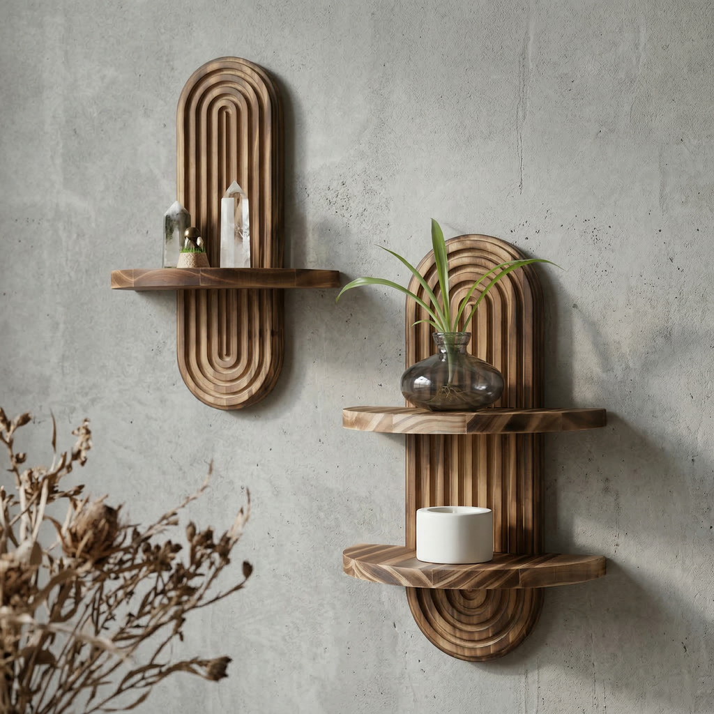 Aldersteel Fluted Arch Timber Shelf – Pill Shaped Floating Wall Display Shelf