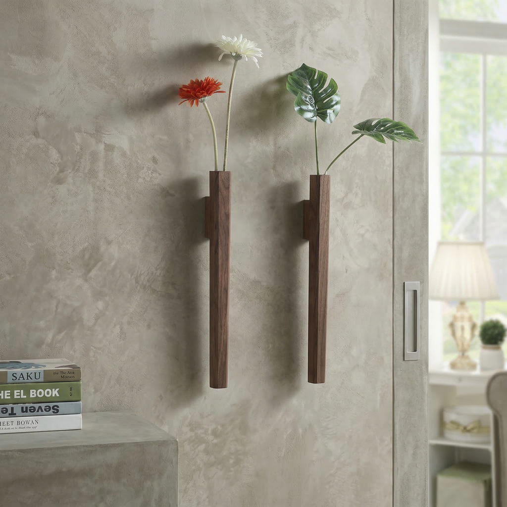 Aldersteel Solid Walnut Slimline Wall Vase – Minimalist Timber Mounted Vase
