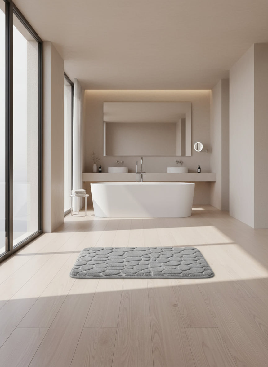 Aldersteel Pebble Embossed Memory Foam Bath Mat – 3D Cobblestone Velvet Non-Slip Rug