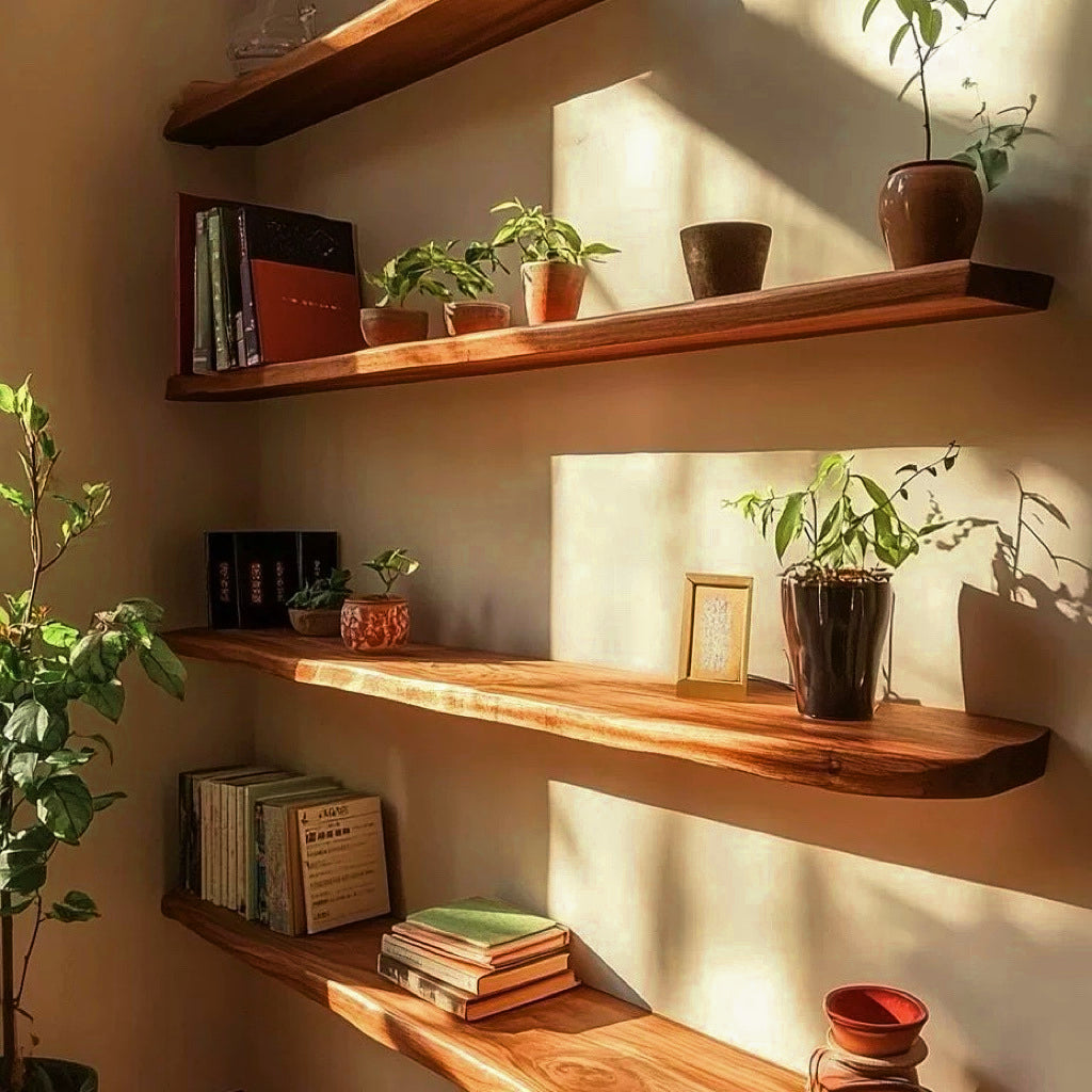 Aldersteel Rustic Hardwood Live Edge Feature Shelf – Natural Wood Floating Wall Shelf