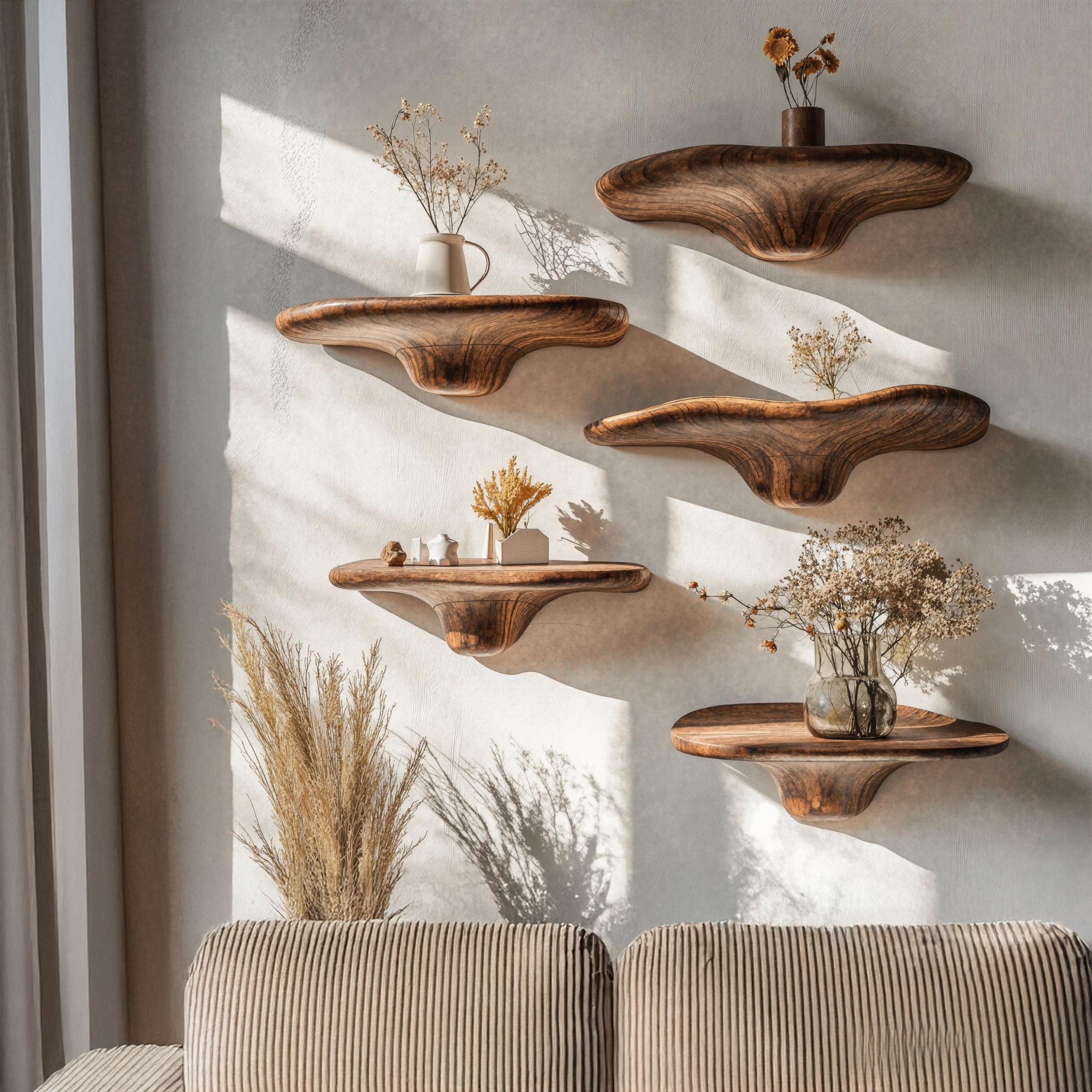 Aldersteel Mushroom Shaped Floating Wood Shelf – Sculptural Botanical Wall Display