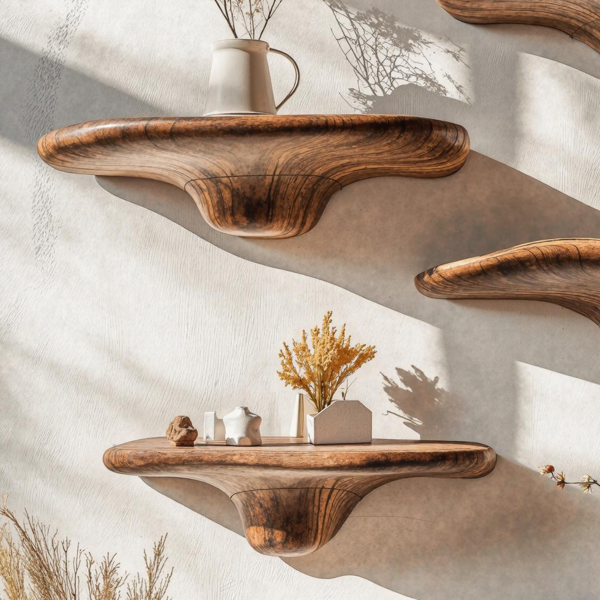 Aldersteel Mushroom Shaped Floating Wood Shelf – Sculptural Botanical Wall Display