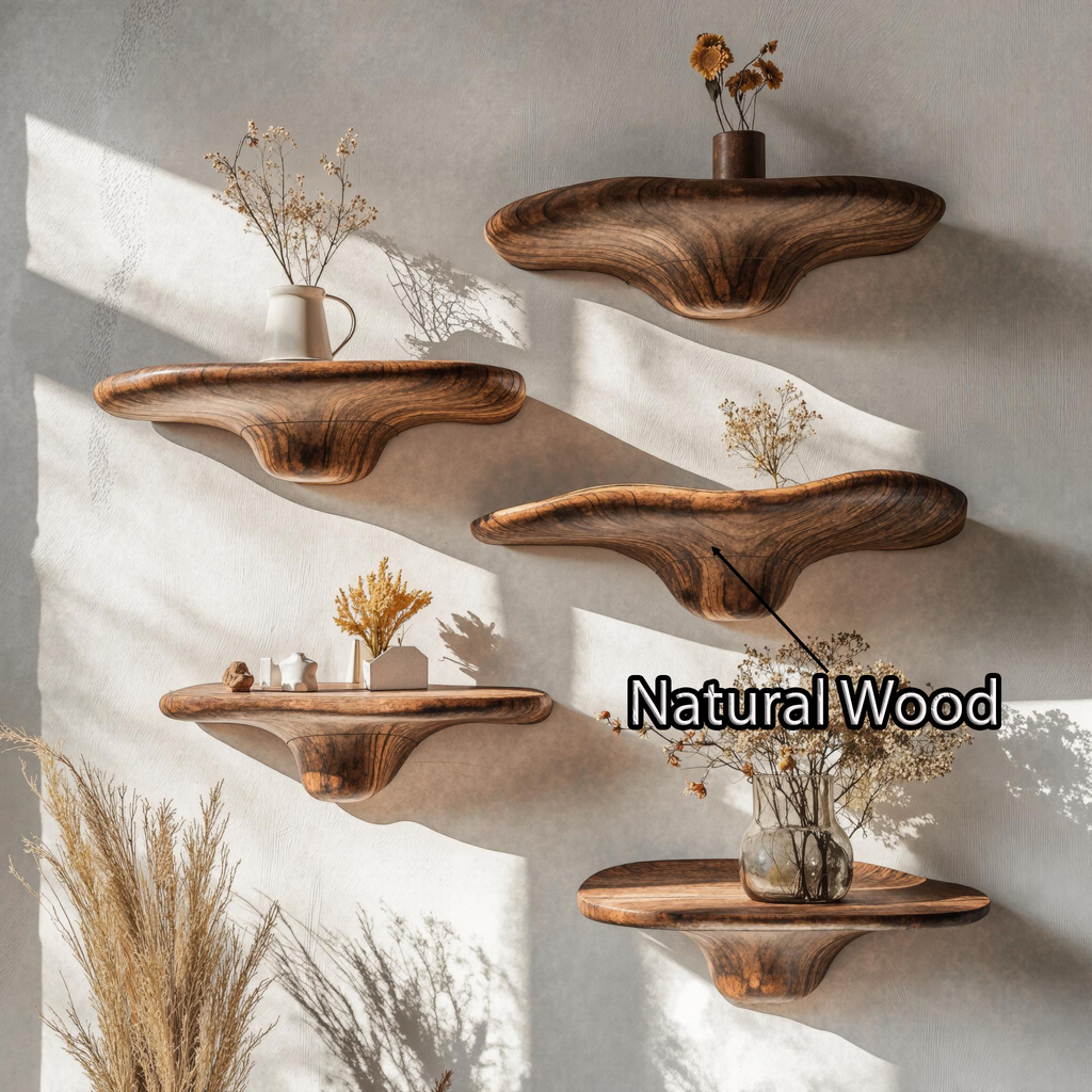 Aldersteel Mushroom Shaped Floating Wood Shelf – Sculptural Botanical Wall Display