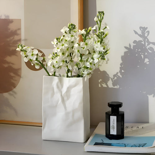 Aldersteel Crumpled Paper Ceramic Vase – Minimalist White Sculptural Flower Vase