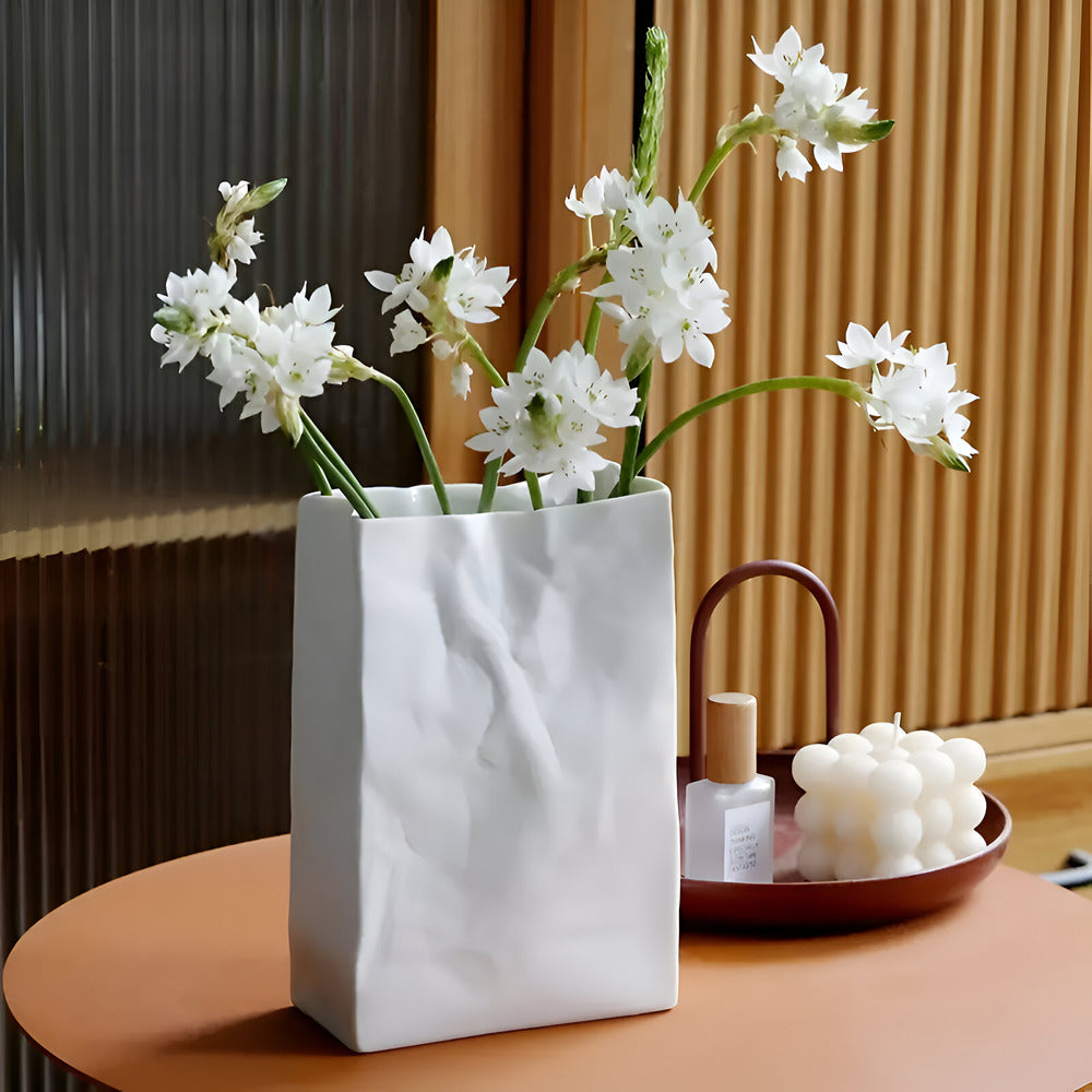 Aldersteel Crumpled Paper Ceramic Vase – Minimalist White Sculptural Flower Vase