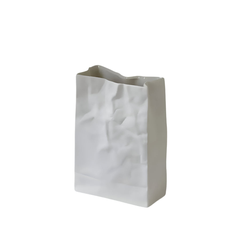 Aldersteel Crumpled Paper Ceramic Vase – Minimalist White Sculptural Flower Vase