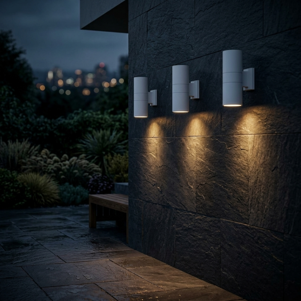 Outdoor Wall Light Up and Down Integrated LED IP44 White Black and Grey Hardwired Garden Patio 1