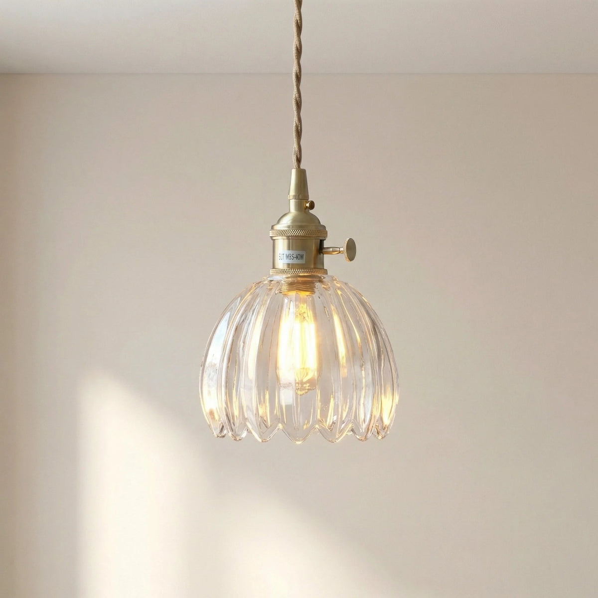 Vintage Pendant Light Glass Shade Brass Adjustable Height 11