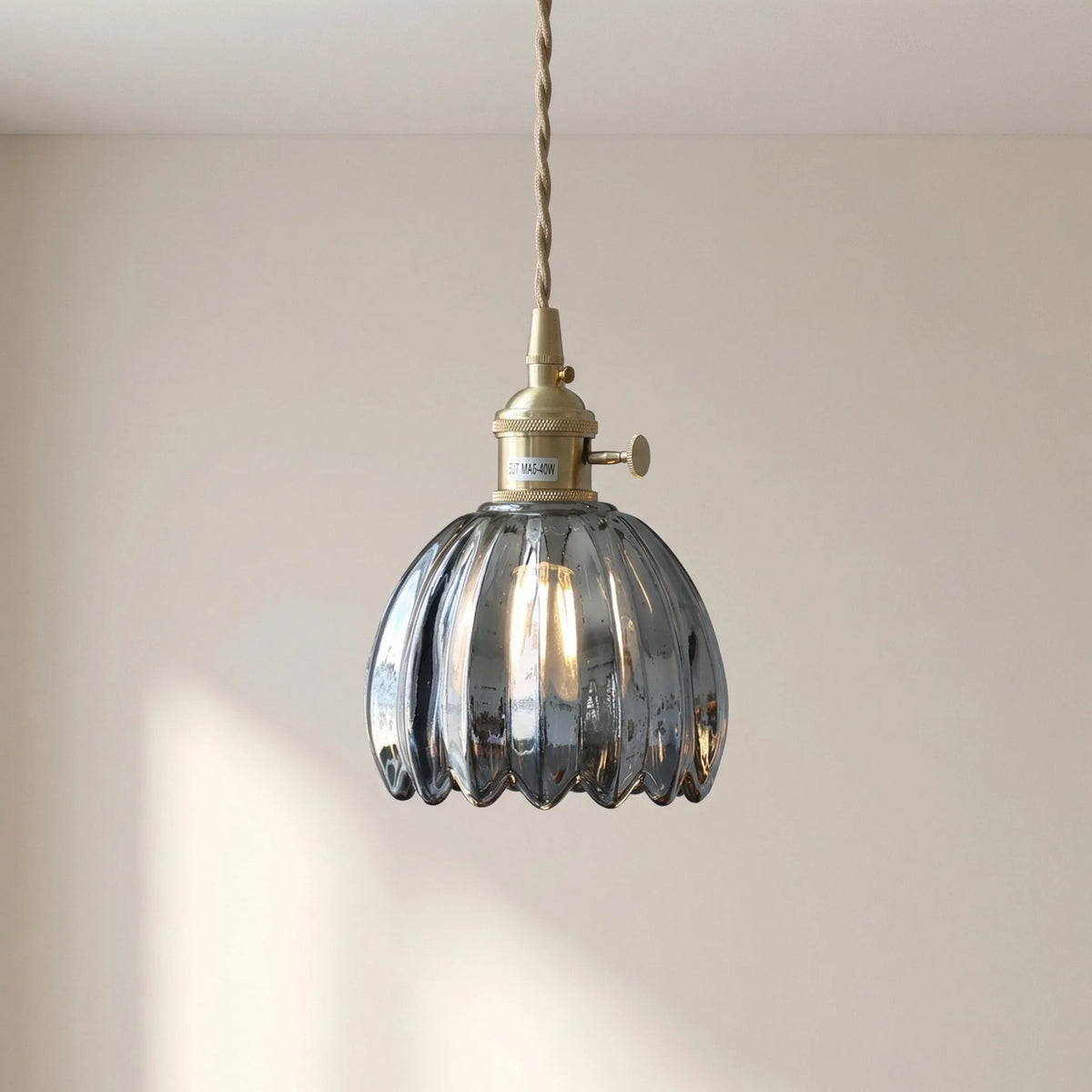 Vintage Pendant Light Glass Shade Brass Adjustable Height 9