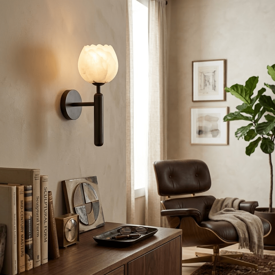 Wall Light Alabaster Stone Minimalist E27 Brass and Black Indoor Bedroom Hallway Living Room Sconce 3