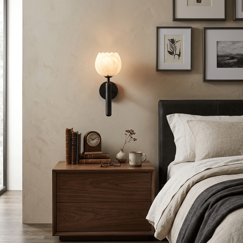 Wall Light Alabaster Stone Minimalist E27 Brass and Black Indoor Bedroom Hallway Living Room Sconce 4