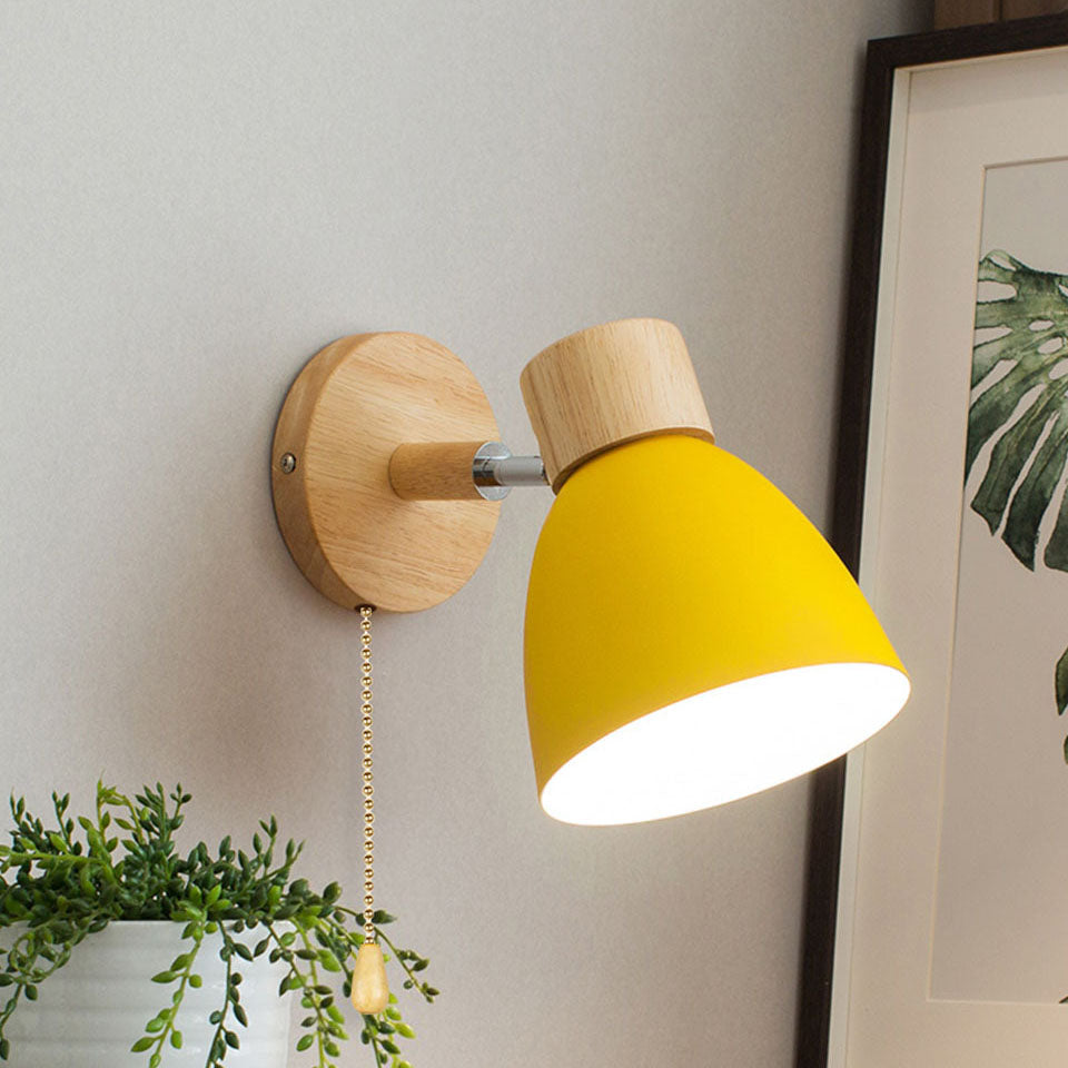 Wall Light Iron and Wood Minimalist Pull Switch White Grey Yellow Pink Green and Blue Bedroom Sconce 1