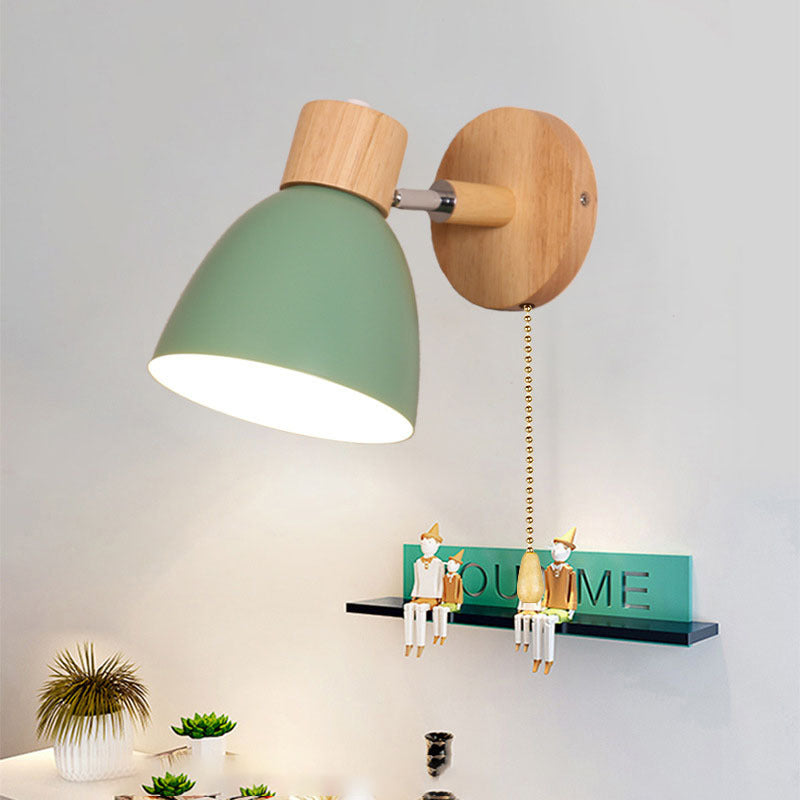 Wall Light Iron and Wood Minimalist Pull Switch White Grey Yellow Pink Green and Blue Bedroom Sconce 3