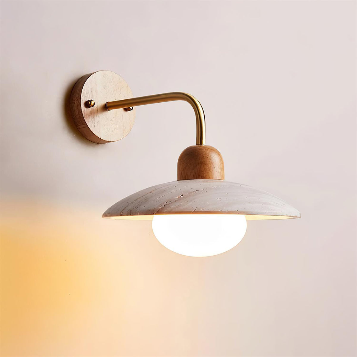 Wall Light Travertine Shade Wood Base Damp Rated G9 Brushed Brass and Black Bathroom Hallway Sconce 0