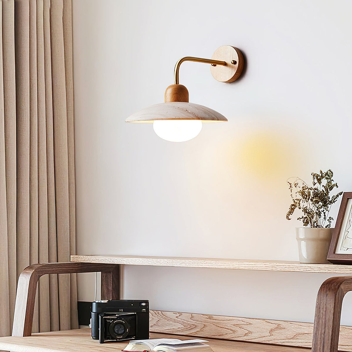 Wall Light Travertine Shade Wood Base Damp Rated G9 Brushed Brass and Black Bathroom Hallway Sconce 1