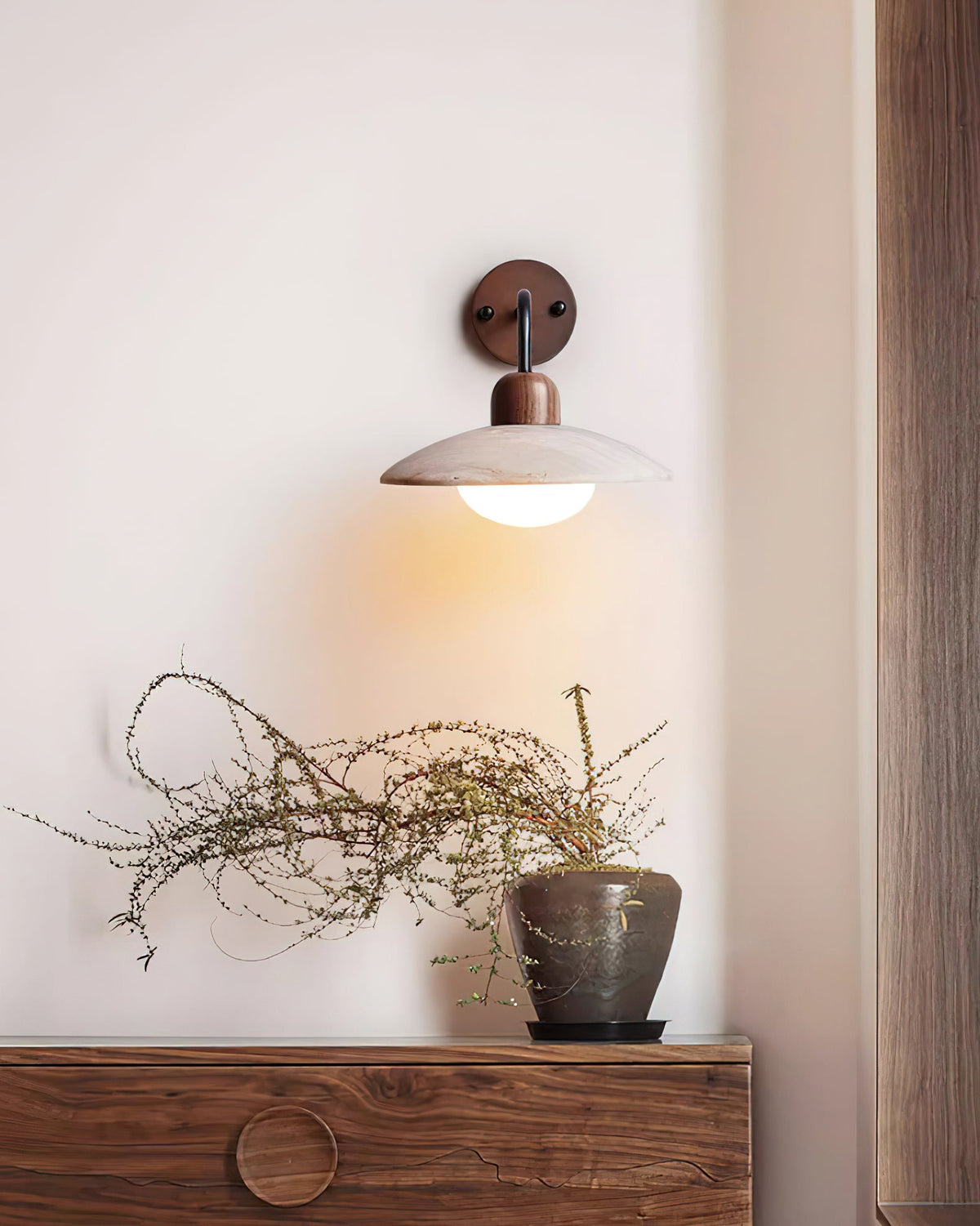 Wall Light Travertine Shade Wood Base Damp Rated G9 Brushed Brass and Black Bathroom Hallway Sconce 3