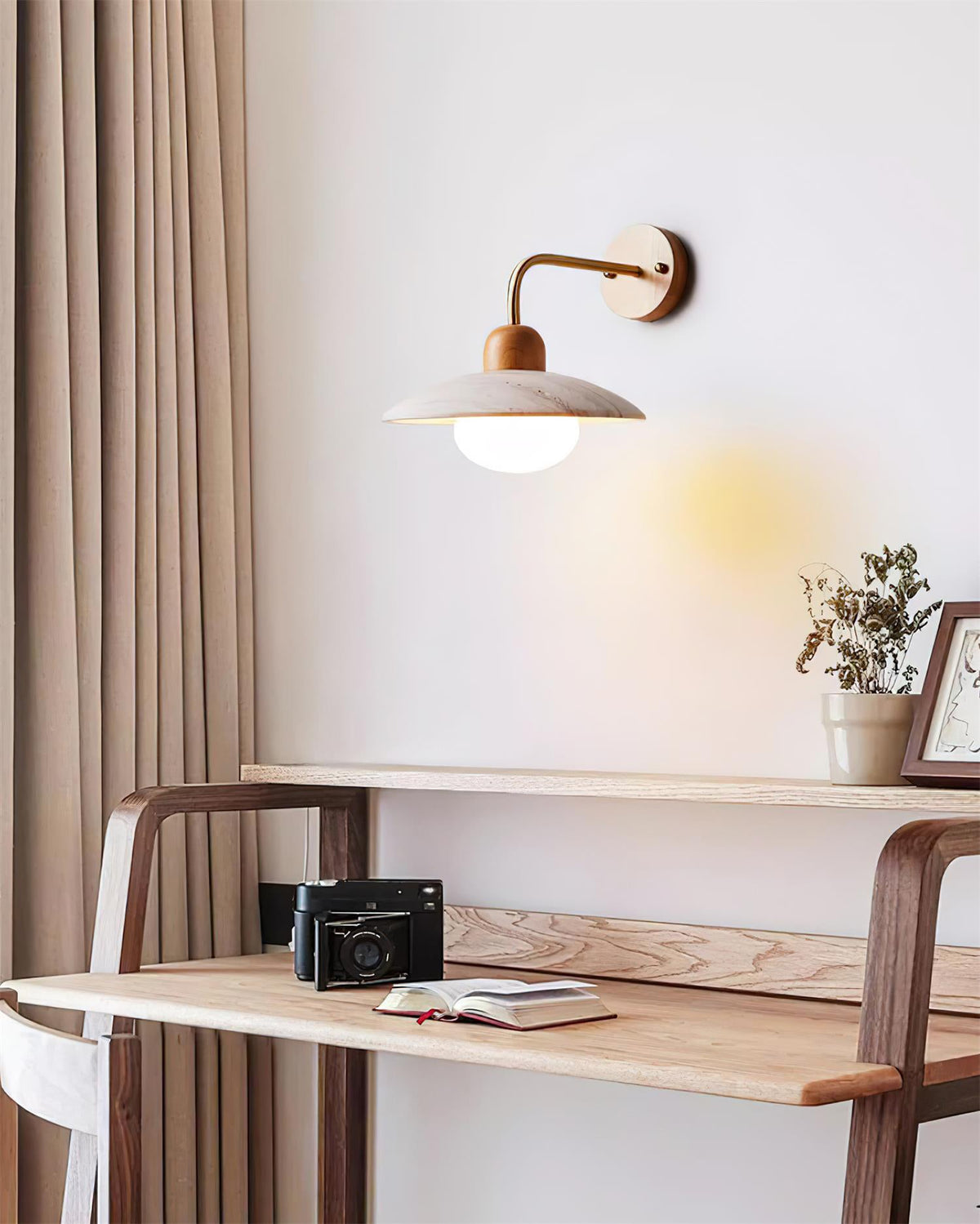 Wall Light Travertine Shade Wood Base Damp Rated G9 Brushed Brass and Black Bathroom Hallway Sconce 4