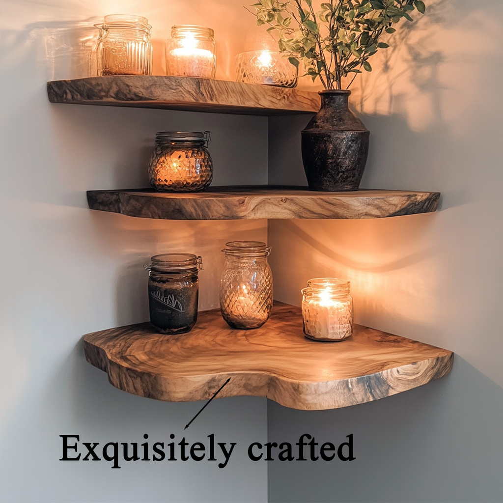 Aldersteel Wooden Corner Nook Shelf – Natural Timber Floating Wall Display Shelf